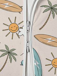 Baby Bamboo Fiber Zip-Up, Sun Coconut Trees Skateboarding Vacation Short Sleeve Romper, Summer Knit Fabric Skinny Fit With Zipper Detail, Boy Baby Girl Clothes, Perfect For Outdoor - 米色 - 查看 5