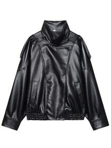 Women's Black PU Leather Jacket, Long Sleeve Zip-Up Bomber Jacket, Autumn/Winter Outerwear, Street Style - Black - View 4