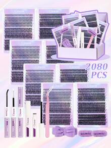 2080pcs, 520pcs, D Curl, DlY Eyelash Extension Kit, Lash Cluters, Individual Lashes Cluster, 20-30-40-50-60D, Lash Clusters Kit, With Bond And Seal, Remover, Tweezers, Crossed Wispy Soft Daily Cluster Lashes, 3D Eyelash Extension Kit Suitable For Convenient And Quick DIY Eyelash Makeup At Home, Makeup Tools, Lash Cluters - Multicolor - View 1