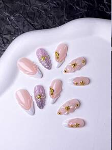 10pcs Handmade Press-On Nails, Acrylic Press-On Nails, Short Nails, False Nails, New Year Nails, Nail Art Set, French Manicure, Cute Nails, Y2K Nails, Almond Shaped Nails, White Nails, Pink Nails, Purple Nails, Gold Nails - White - View 5