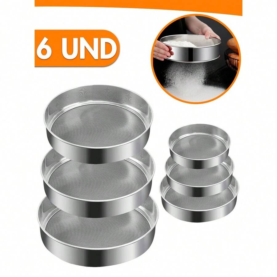 Kit 6 Peneiras Culinárias Em Aço Inox Fubá Farinha Jogo 6 Peças Vários Diâmetros Para Cozinha - Multicolorido - Visão 1