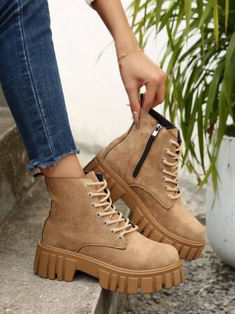 Khaki Lace-Up Boots, Side Zipper Decor, Suede Leather Short Shaft Motorcycle Boots, Fashionable & Elegant For Office, School, Autumn/Winter