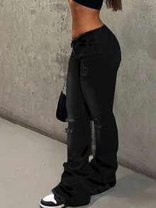 Pantalones acampanados de talle bajo con ajuste ceñido para mujer, de tela elástica, con detalles desgastados, estilo elegante retro Y2K de uso casual, color negro, adecuados para primavera y verano, nueva llegada - Negro - Ver 4