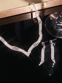 Juego de joyería de 3 piezas para mujer con diseño geométrico - Collar, Aretes, Pulsera, Adecuado para Fiesta, Boda, Acción de Gracias - Plateado - Ver 2