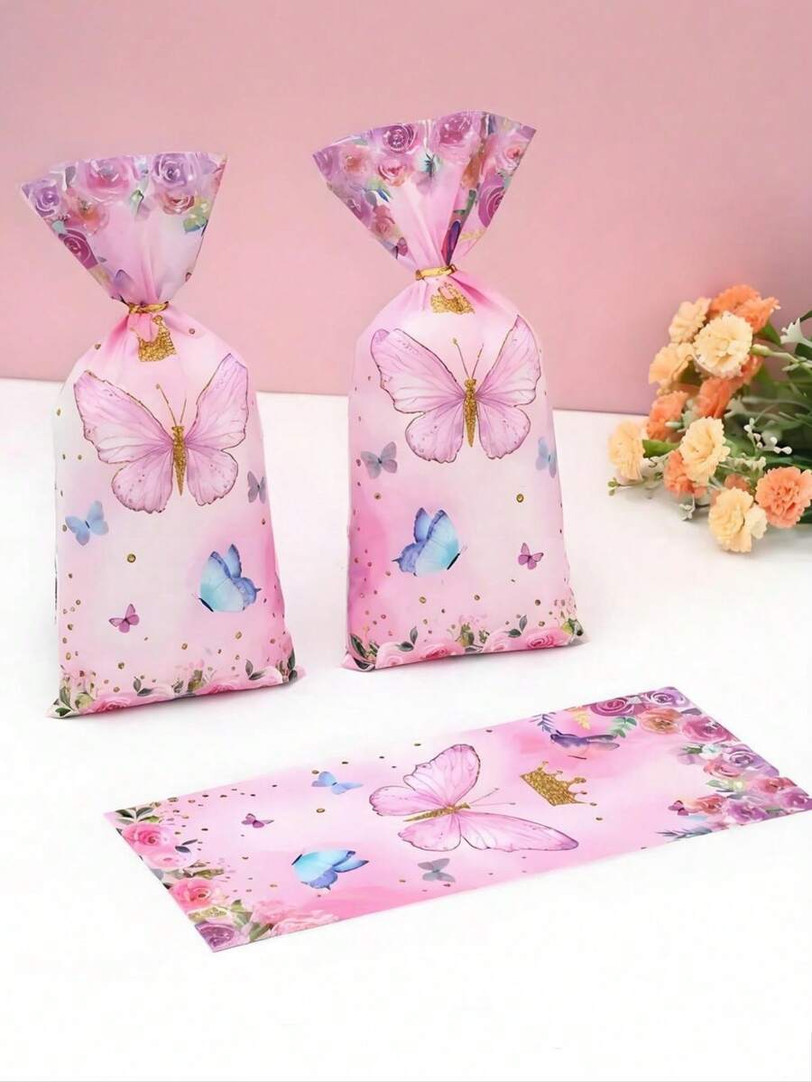 25/50个粉色蝴蝶礼品糖果包装袋，糖果袋，饼干袋，甜点，烘焙食品，巧克力，派对礼品