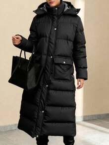 Women's Casual Black Long Down Jacket, Stand Collar With Pockets, 100% Polyester Filling, Non-Stretch Fabric, Suitable For Winter Wear - Black - View 1
