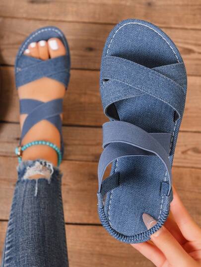 Women's Wide Fit Criss-Cross Strap Flat Sandals, Fashion Minimalist Casual Sandals, Elegant Lightweight Luxury Fairy Style Outdoor Beach Flat Sandals