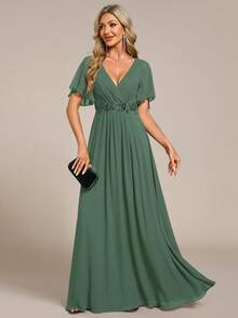 Elegant V-Neck Embroidered Ruffle Sleeve Pleated Chiffon Bridesmaid Dress, Formal Dress, Wedding Guest Dress Spring - Olive Green - View 7