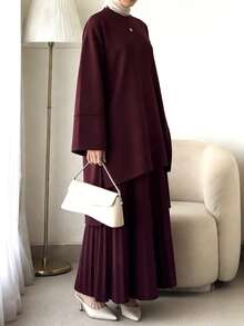 Solid Color Elegant Casual Pleated Button Formal Evening Long Sleeve Top And Pleated Skirt Conservative Suit Spring - Burgundy - View 7