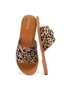 Women's New Fashion Cute Leopard Print Slip-On Sandals, Featuring Microfiber Upper, Cushioned Insole, And TPR Outsole, Handmade Flat Slides For Vacation, Party, Beach, Casual Wear - Khaki - View 2