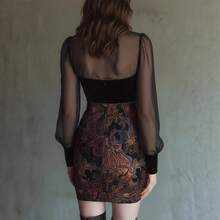 Sexy Retro Perspective Mesh Splicing Velvet Mini Dress - 黑色 - 查看 2