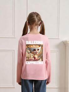Tween Girls' "Cappuccino Ballerina" Graphic Print Long Sleeve T-Shirt, Autumn/Winter Top - Pink - View 2