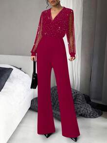 Women's Sexy Black Sequin Mesh Jumpsuit With Deep V-Neck - Burgundy - View 7