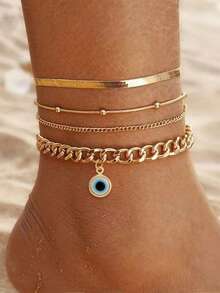 Nooxian Set de 4 piezas Tobillera con cadena multicapa de tono dorado con colgante de ojo de diablo, joyería original y única para los pies de mujer (cantidad de cuentas aleatoria) - Amarillo Oro - Ver 7