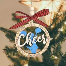 1件木质平面印花花园装饰品，蓝色啦啦队圆形木质吊坠挂件，温馨礼物，圣诞树装饰，派对装饰 - 彩色 - 查看 3