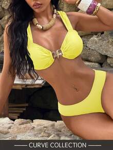 Sexy Metallic Jewelry Solid Color Bikini Women Swimsuit Set For Summer Beach Vacation 2pcs/Set Plus Size Solid Color Star Decor Sexy Halter Bikini Set, Beach & Pool Swimwear,Metal Starfish Decor,Removable Swimwear Pads,Summer Vacation Dresses For Women,Summer Clothes Women,Festival,Skirts,Ibiza Outfits,Swimwear Women,Bikini Set,Swimming Costume Women,Beach Wear Women,Holiday Co Ord,Beach Dress,Bikinis For Women Sets,Swimsuit - Yellow - View 1