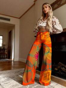 Women'S 3D Imitation Faux Denim - Orange Floral & Geometric Abstract Print Wide-Leg Pants, Plus Size Loose-Fit High-Waisted Winter Trousers With Beltless Design & Button Closure, Durable Gradient Fabric For Casual & Semi-Formal Outfits (No Belt Incl - 彩色 - 查看 1