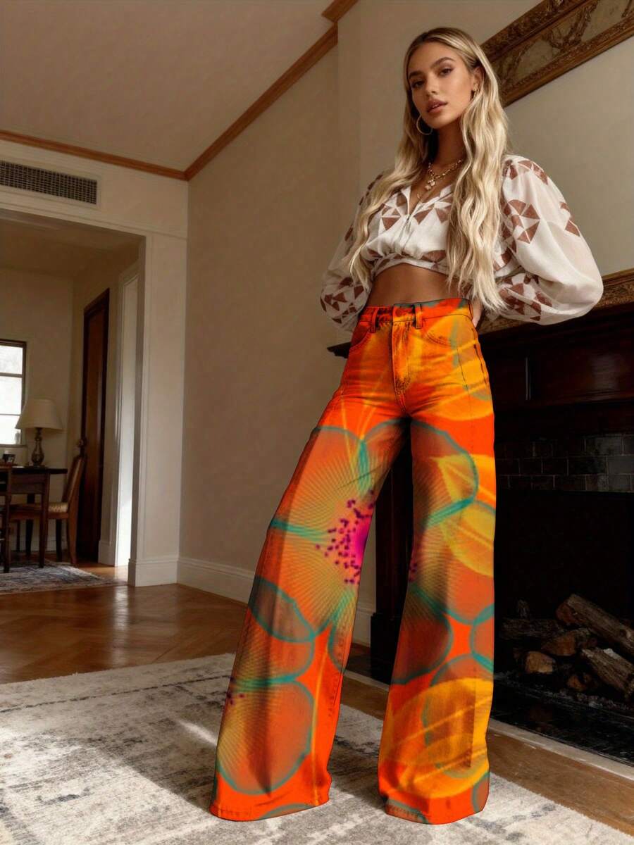 Women'S 3D Imitation Faux Denim - Orange Floral & Geometric Abstract Print Wide-Leg Pants, Plus Size Loose-Fit High-Waisted Winter Trousers With Beltless Design & Button Closure, Durable Gradient Fabric For Casual & Semi-Formal Outfits (No Belt Incl - 彩色 - 查看 1