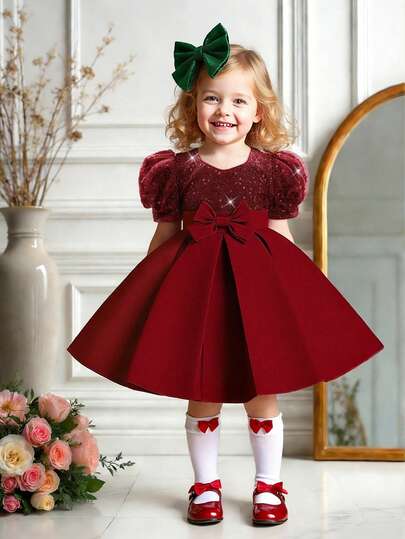 女婴纯色亮片网纱蝴蝶结薄纱蛋糕裙短袖可爱花童派对礼服，不含头饰