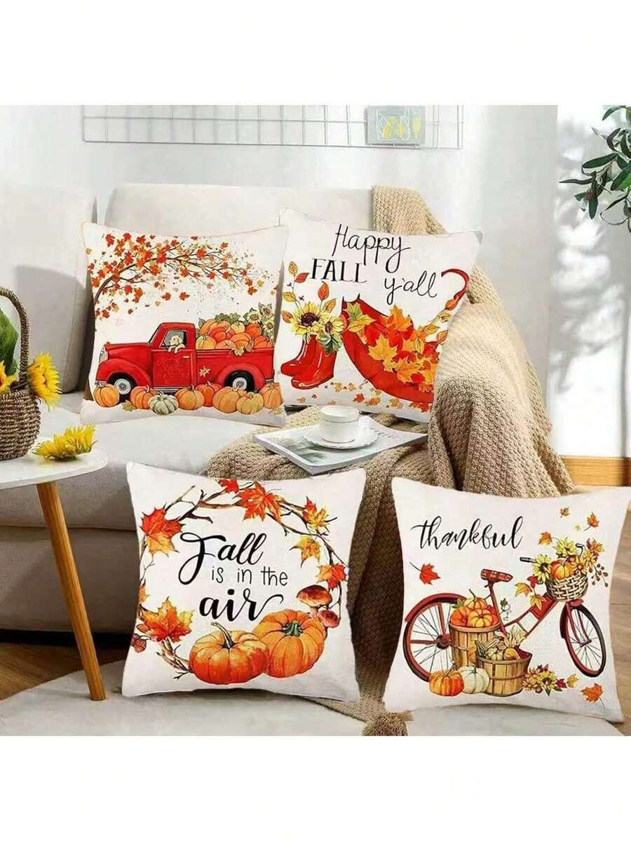 EstiloJuego de 4 Fundas de Almohada de otoño de 18 x 18 Pulgadas, Funda de Cojín de Lino para Sofá, decoración de otoño, Adecuado para la decoración del hogar (Estilo D)Versión mejorada - Tipo A - Ver 1