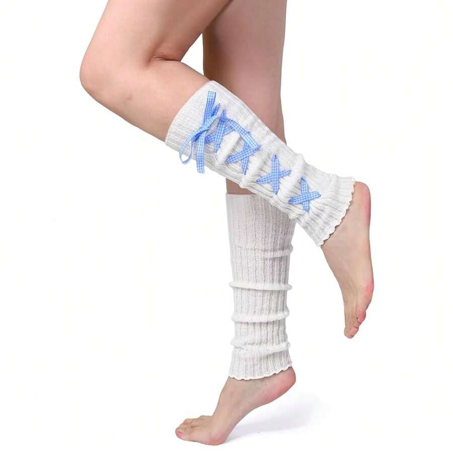 Women's Y2K 80s Leg Warmers Socks Rib Knit Boot Socks,OneSize,BlueWhite - BlueWhite - View 1