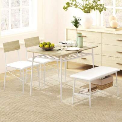 Dining Table With 2 Chairs, Bench, 4-Piece Dining Set, Kitchen Table Set With Storage For 4 People, Dining Room Set For Small Spaces, Kitchen, Living Room, Oak