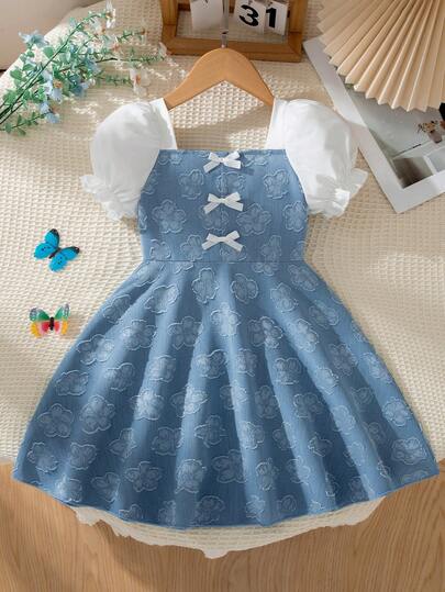 Girls Casual Everyday Dress With Colorblock, 3D Bow Decor, Princess Sleeves, Flared Hem, Square Neck, Knee-Length, Spring/Summer