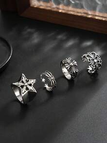 4pcs/Set Gothic Punk Cross Rings, Personalized Geometric Metal Knuckle Rings, Unisex, Holiday Gift - Antique Silver - View 3