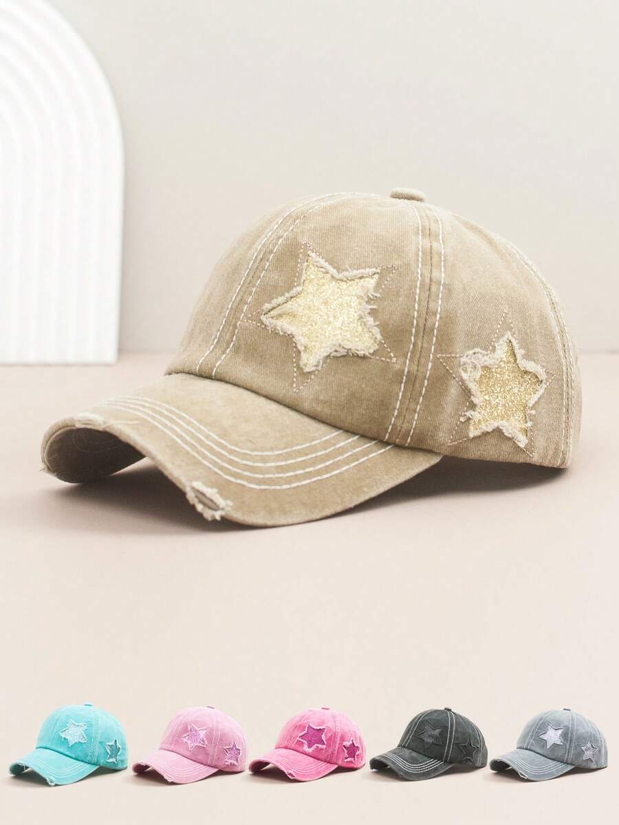 1pc Vintage American Letter Distressed Washed Denim Outdoor Street Tongue Cap, Unisex Versatile Sun Hat, Large Head Circumference Flattering Denim Baseball Cap For Women - Peaked Cap - View 1