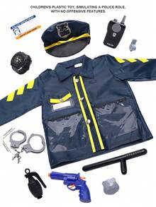 儿童角色扮演服装套装，包含逼真装备——手铐、手表、警棍、哨子、对讲机、徽章、制服、身份证，适合男孩女孩角色扮演游戏 - 彩色 - 查看 8