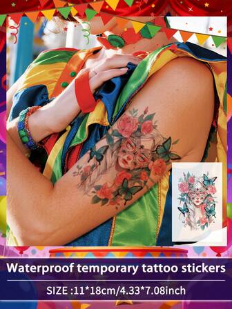 1Pc Tattoo Carnival Temporary Tattoo Illustrative Female Portrait Butterfly Fake Waterproof Sweatproof Disposable For Women And Mem Face, Arm, Waist, Chest, Leg, Abdomen, Neck, Hand, Finger, Back For Dancing Party Stage Performance Modernist Body Art