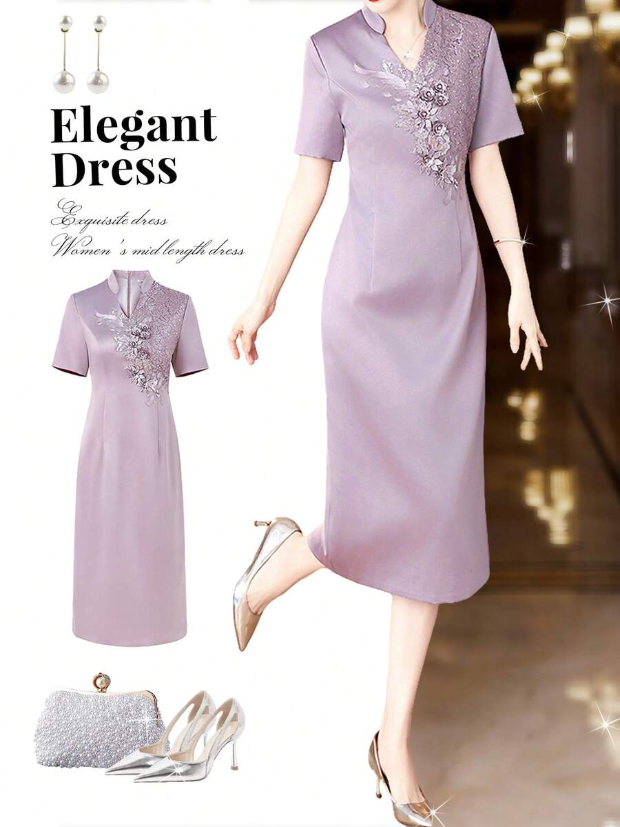 Lace-Trimmed Sequined Straight-Cut Dress, Mid-Length Short-Sleeved Luxurious Evening Gown, Elegant Women's Wear - V-Neck, Slightly Stretchy, Intricate Three-Dimensional Floral Details, Back Zipper, Suitable For All Seasons, Perfect For Christmas Eve, Christmas Day, Chinese New Year, New Year's Day, And More. Suitable For Everyday Wear, Casual Occasions, Parties, Weddings, Banquets, Gatherings, Engagements, Ceremonies, Banquets, Social Events, Vacations, And Birthdays. - 灰紫色 - 查看 1