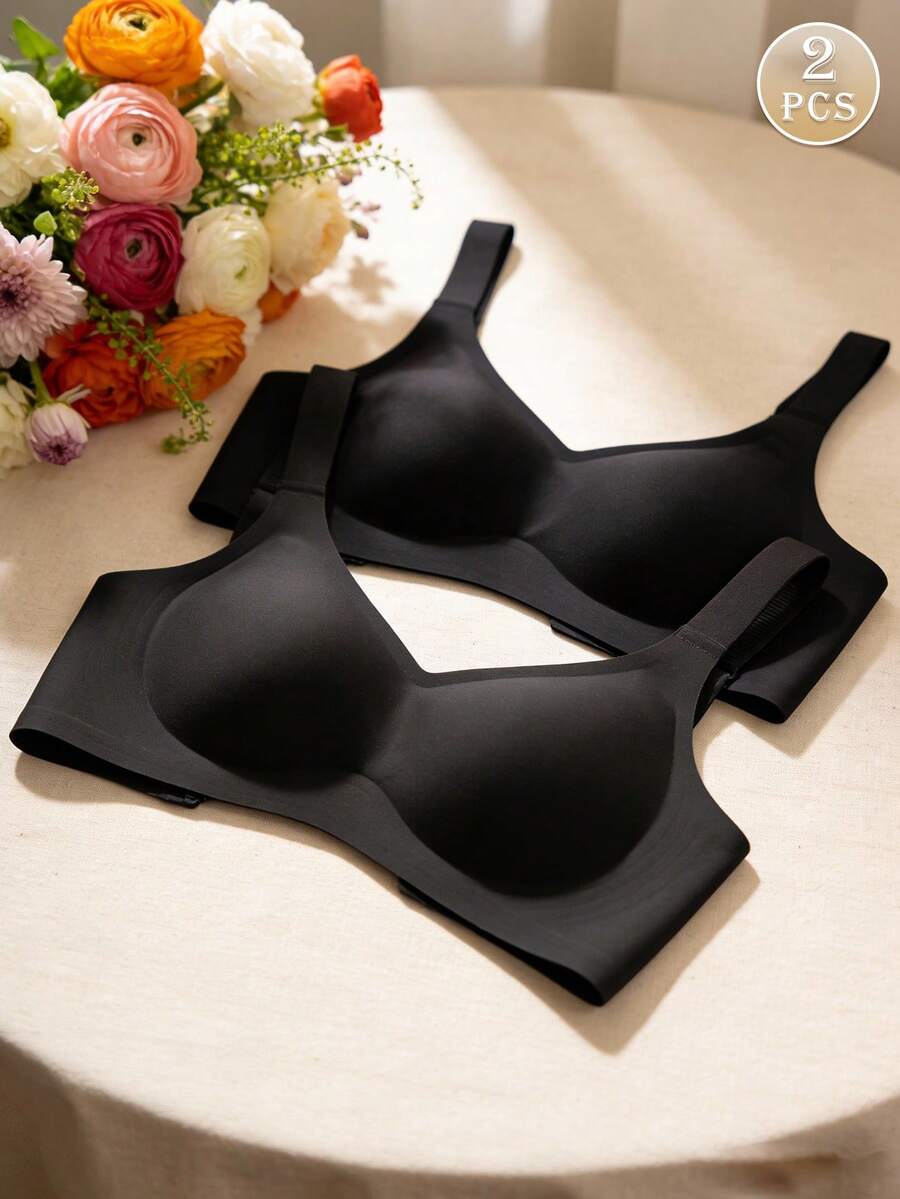 2pcs/Set Minimalist Comfortable Sports Bras For Women, Wireless, Solid Color - Black - View 1