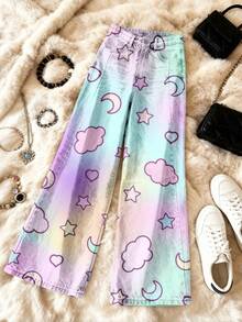 Women's Plus Size Vintage Wide-Leg Bell-Bottom Denim Pants - High-Waisted Stretch Washed Jeans With 3D Star/Heart/Cloud/Moon Prints, Beltless Button Closure For Party & Casual Outfits (Fall/Winter) - Comfortable Loose Trous - 彩色 - 查看 4