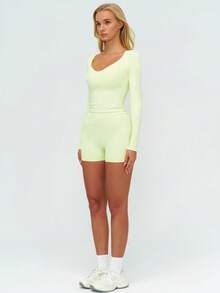 MASKERT 女士运动套装、健身套装、长袖短裤、跑步套装、高弹力健身瑜伽套装、休闲家居服、舒适亲肤、百搭 - 薄荷綠 - 查看 6