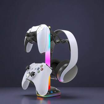 Gamers Essential! Controller And Headset Charging Stand With 7-Color Lighting Effect, Compatible With PS4, Switch And Various Game Consoles