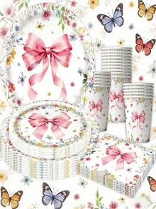 10pcs Pink Ribbon Bow Party Supplies Set, Including Plates, Napkins, Suitable For Wedding, Bachelorette Party, Birthday Party, Girly Theme Events - Multicolor - View 10