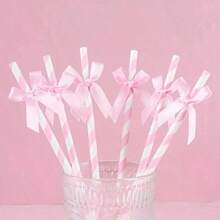 Pink Striped Bow Paper Straws With Satin Bow Tie, Suitable For Outdoor Camping, Portable, Beach Vacation - Multicolor - View 7