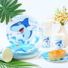 Wave Shark Design Disposable Tableware Set, 7/9 Inch Party Plates, Disposable Paper Plates And Cups Suitable For Holidays, Weddings, Engagements, Weddings, Birthdays, Parties, Celebration Events - Multicolor - View 1
