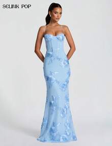 优雅奶油色亮面花卉刺绣露背正式晚礼服，适合晚宴、周年纪念、毕业典礼、正式晚宴等场合。 - 淺藍色 - 查看 2