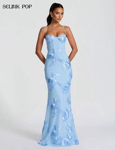 Elegant Cream Shiny Floral Embroidered Backless Formal Party Dress, Suitable For Evening Date, Anniversary, Graduation, Formal Dinner