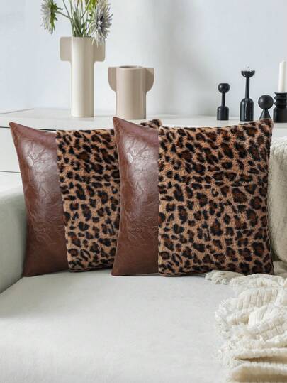 1/2Pcs Leopard Print Splicing Leather Pillow Cover Fashionable Square Single-Sided Pillow Cover Living Room Bedroom Sofa Home Decoration Car Cushion Cover No Pillow Core