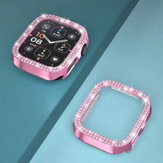 1 st. skyddande fodral med dubbelt lager och glänsande kristaller och strass, 1 st. ihåligt hårt PC-klockfodral kompatibelt med 38/40/41/42/44/45/46/49 mm för Apple Watch-serien Ultra/SE/11/10/9/8/7/6/5/4/3/2/1, tillbehör till smartklocka, rosa