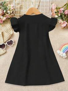 女童碎花猫咪印花中长连衣裙，休闲简约风格，荷叶边袖口，可爱优雅的童装，适合春夏穿着 - 黑色 - 查看 3