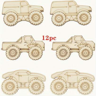 [12pcs Wooden Off-Road Shapes] 12pcs Wooden Off-Road Vehicle Shapes For DIY Crafts - Perfect For Painting, Graffiti & Decorating - Ideal For Holidays, Weddings, Parties & Birthdays