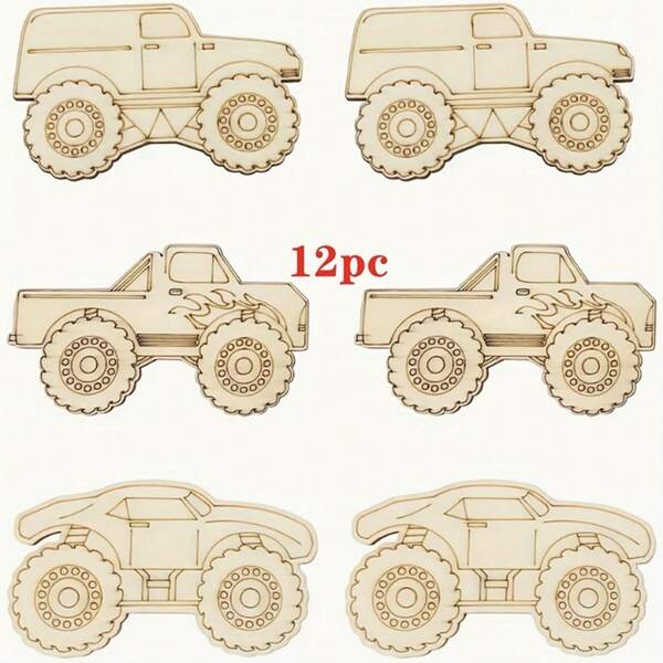 [12pcs Wooden Off-Road Shapes] 12pcs Wooden Off-Road Vehicle Shapes For DIY Crafts - Perfect For Painting, Graffiti & Decorating - Ideal For Holidays, Weddings, Parties & Birthdays