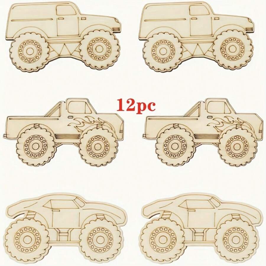 [12pcs Wooden Off-Road Shapes] 12pcs Wooden Off-Road Vehicle Shapes For DIY Crafts - Perfect For Painting, Graffiti & Decorating - Ideal For Holidays, Weddings, Parties & Birthdays