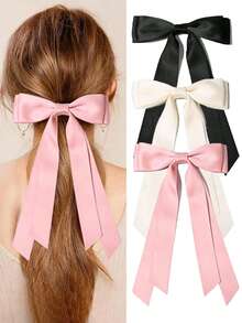 3 PCS Silky Satin Hair Bows Hair Clip Pink Hair Ribbon Ponytail Holder Accessories Slides Metal Clips Hair Bow For Girls Valentine's Day Valentines Hair Accessories For Girl Claw Clips Hair Claws Hair Barrettes, School Stuff