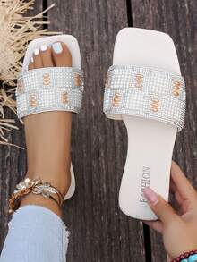 Elegant Pearly Gold Decor White Base Flat Slide Sandals For Girls, Refined Lady Style - Beige - View 3
