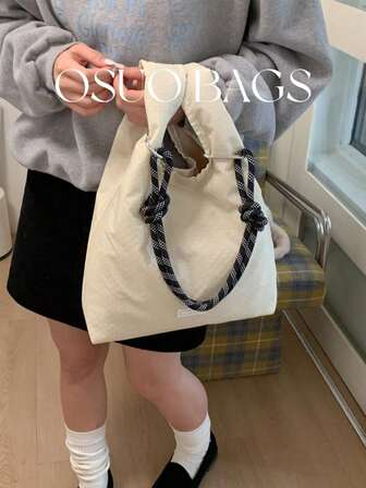 Fashionable Plaid Nylon Pleated Shoulder Bag, Unique Design Casual Tote Bag, Waterproof Lightweight Foldable Bag With Letter Patch, Japanese Style Crossbody Bag